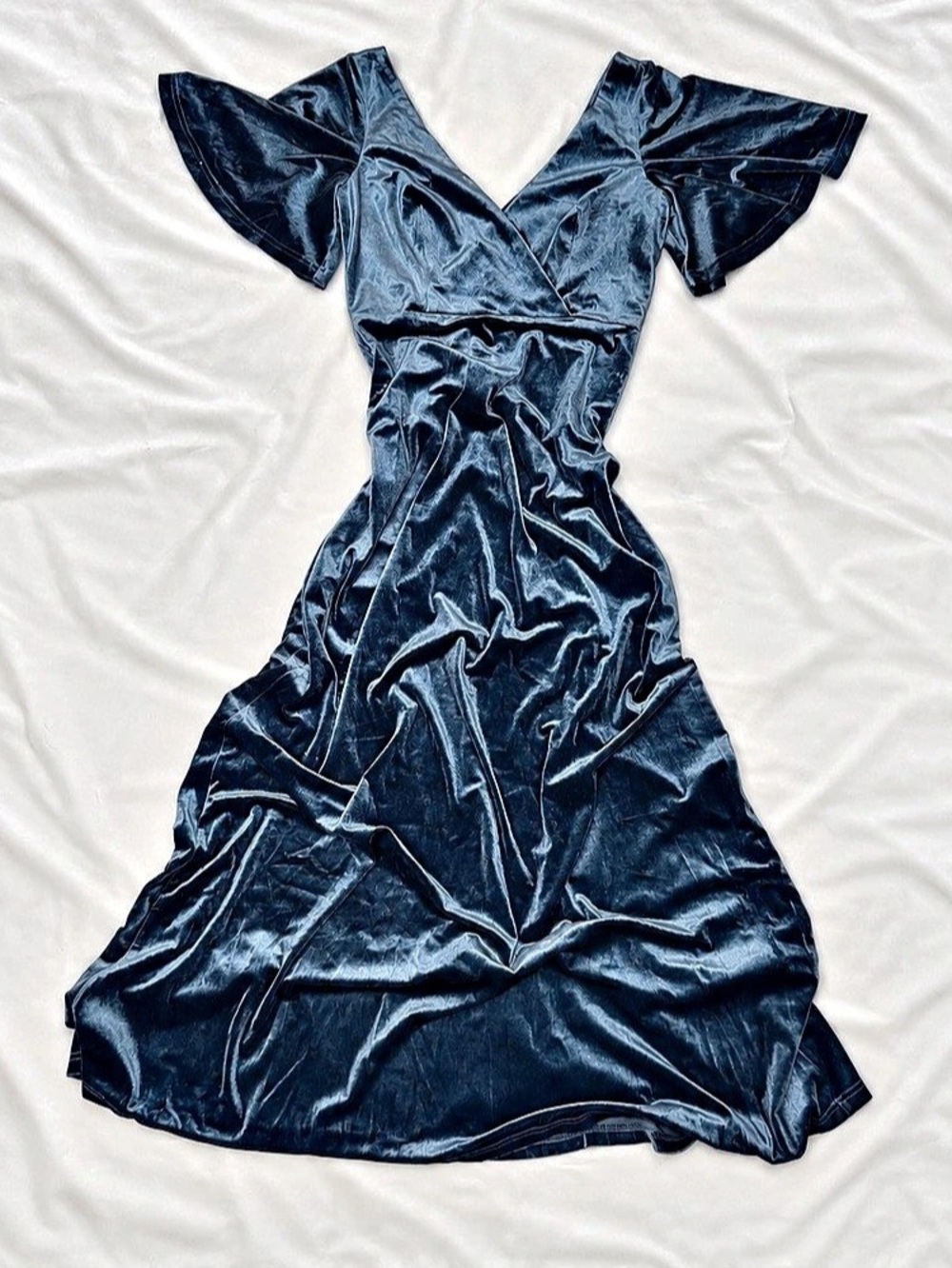 Ever Pretty V-Neck Ruffles Sleeve Velvet Midi Dress Maxi Dress in Blue NWT